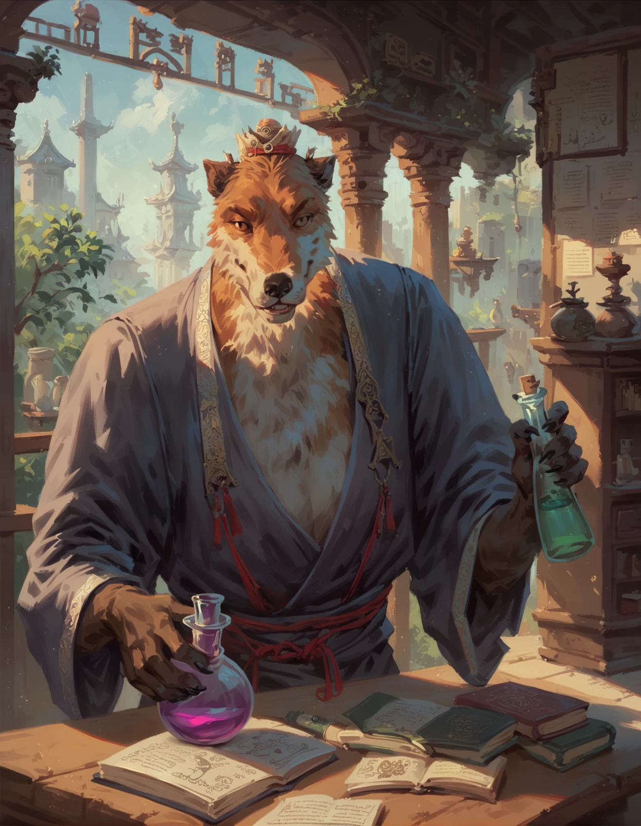 xudog, dog, score_9, score_8_up, score_7_up, score_6_up,  anthro, solo, male, grey robe, red string accessory, lotus hair bun, three-quarter portrait, holding vial, potion bottle, herbs, alchemy, detailed background, inside,  mortar and pestle, book, east asian building
<lora:BlackMythXuDog_1.0.4:1>