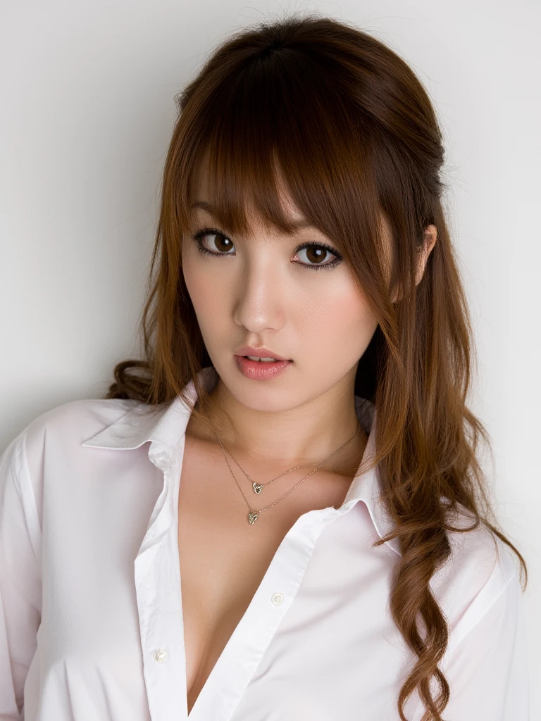 tsubasa,
In a captivating, high-definition portrait, a woman of radiant beauty with brown hair cascading down her shoulders, poses confidently with a slight tilt of her head, her expressive hazel eyes gazing intently at the viewer. She is adorned in an exquisite white shirt, its pristine fabric clinging subtly to her slender form, accented by a delicate gold necklace that rests gently on her collarbone. The soft glow of a single spotlight illuminates her face, casting warm shadows along her high cheekbones and creating an ethereal aura around her. Her lips are painted a bold red, adding a touch of sophistication to the simple white background, as she stands alone in a serene, minimalist studio setting that emphasizes her stunning figure and captivating presence. The emotional tone is one of strength, elegance, and self-assuredness, making for an unforgettable and striking image.
