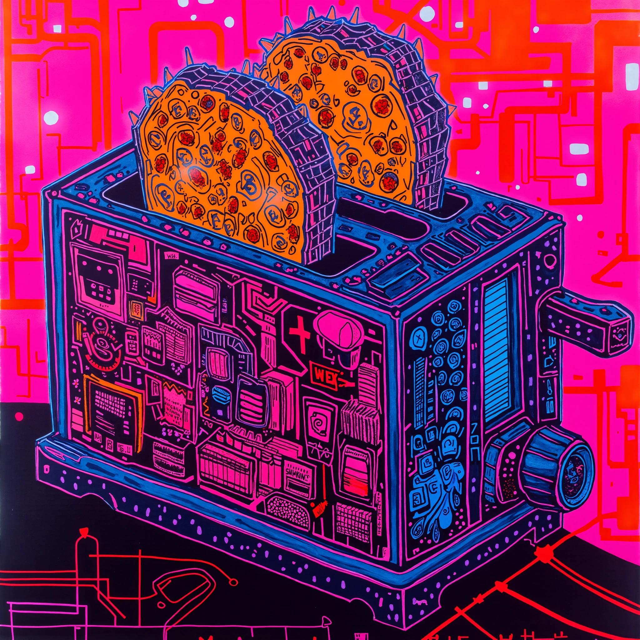 nescrip, toaster in cyberpunk kitch. high-detailed. neon glow.
