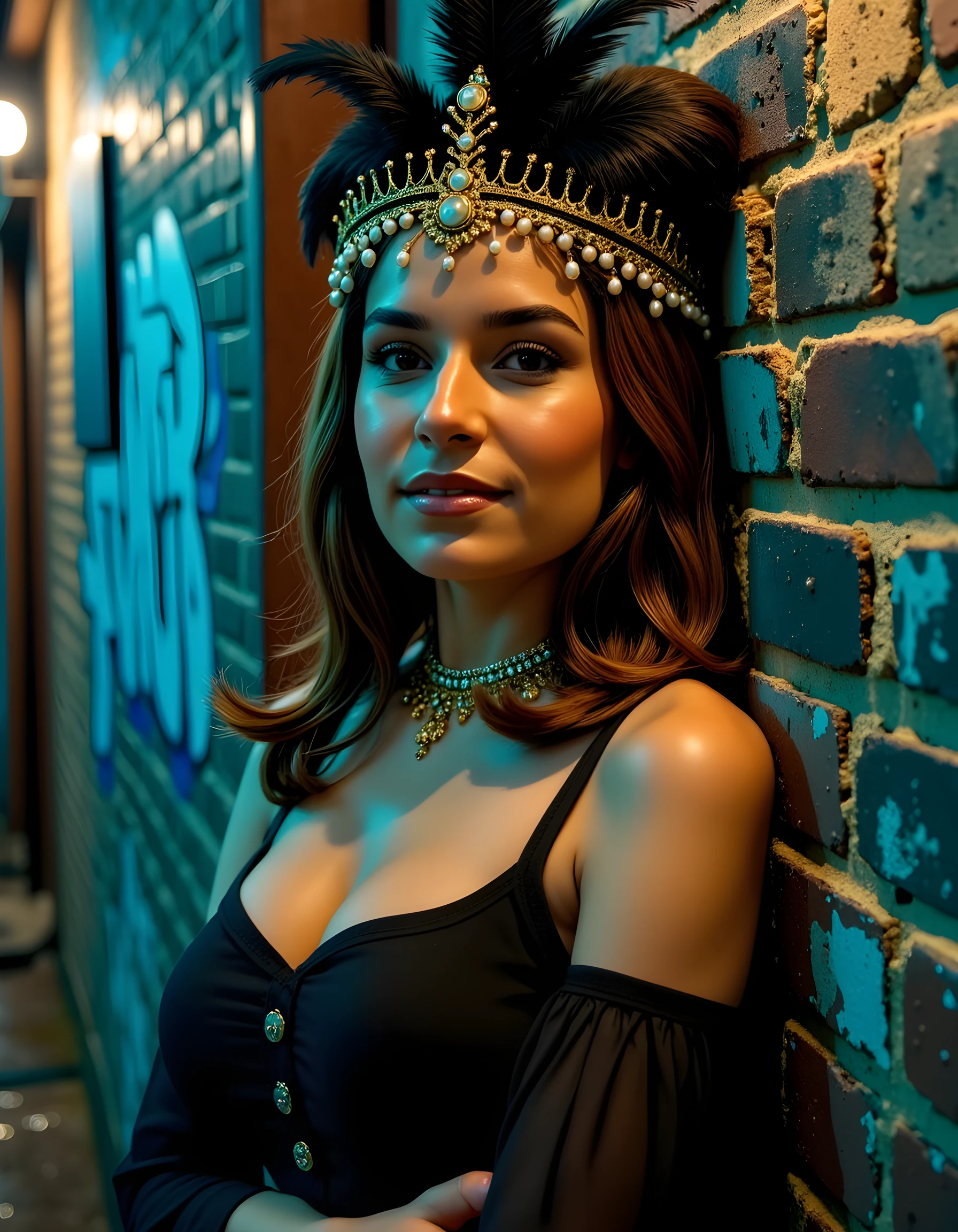 In a surrealist noir-inspired scene, SUG4NDHB, a woman with an enigmatic aura and cascading brown tresses that shimmer under the dim, ethereal glow of a neon-lit alleyway, wears a captivating outfit reminiscent of a Victorian burlesque performer. Her eyes, rimmed with kohl, are locked onto the viewer's soul as she dons an intricate headdress adorned with pearls and feathers, her lips slightly parted in a closed-mouth smile that hints at both mystery and allure. The camera is positioned at eye level, capturing her from a slight angle, accentuating the dramatic contrast between her sharp cheekbones and the softness of her décolletage as she leans against a rusty, graffiti-covered fire escape. A single spotlight illuminates her, casting long shadows that dance upon the crumbling brick wall behind her, while raindrops trickle down the lens, adding an element of melancholy to this captivating tableau.