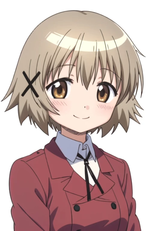 solo, 1girl, looking at viewer, 2D, anime, official style, anime coloring, anime screencap, upper body, (simple background, solid white background:1.3),  <lora:yuno-hidamarisketch:0.8>, yuno, short hair, hair ornament, school uniform, smile