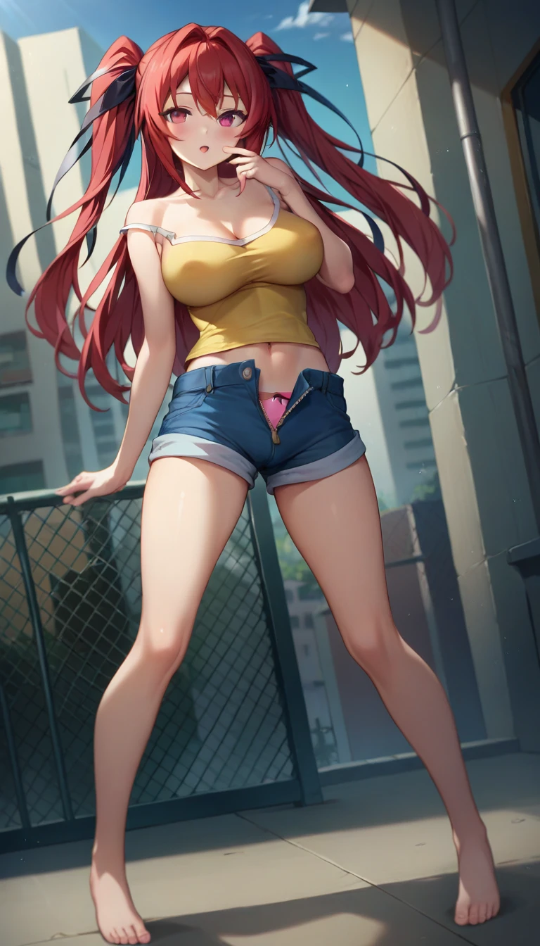 score_9,score_8_up,score_7_up,score_6_up BREAK official art,solo,outdoors,upper body,(portrait:1.5),looking at viewer,facing viewer,smile,blush,taut clothes,Naruse mio,very long hair,red hair,twintails,two side up,hair intakes,hair ribbon,black ribbon,sidelocks,hair between eyes,pink eyes,collarbone,bare shoulders,yellow shirt,camisole,taut clothes,impossible clothes,large breasts,bare arms,navel,groin,denim shorts,short shorts,open shorts,open fly,unbuttoned,unzipped,pink panties,bow panties,bare legs,barefoot,<lora:Naruse mio(ttsnd)-Pony:1.6>,