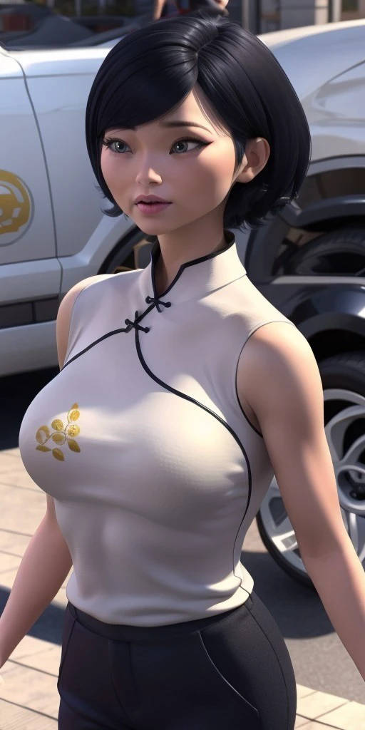 Hyperrealistic, photorealistic, super detailed, white Cheongsam with a red black and gold plant design, blue trousers, gray eyes, short black hair with blue highlights, body like in real life, large pores, fair skin, short, beautiful arms, medium breasts, unreal engine, octane render, droped shadow, bokeh, cinematic lighting, <lora:add_detail:0.5>, <lora:Volumetric_lighting:0.6>, Sabine Cheng, <lora:3eec2536-ee60-46c7-b61e-d14fd03d3ae0:0.7>