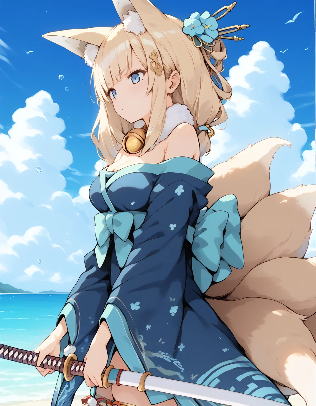 <lora:AzlaNiizuki_SDXL_pony_fp16_ver01:1>,AzlaNiizuki, 1girl, animal ears,bangs, blonde hair, multiple tails, hair ornament, bell, blue eyes, kimono, fur collar,bare shoulders,thighhighs,angry, holding katana,ocean,, score_9, score_8_up, score_7_up, BREAK source_anime, rating_questionable, best quality, masterpiece, uncensored,<lora:pony_good_hands:1>,good_hands ,[pony diffusion V6 is trained by PurpleSmartAI:100]