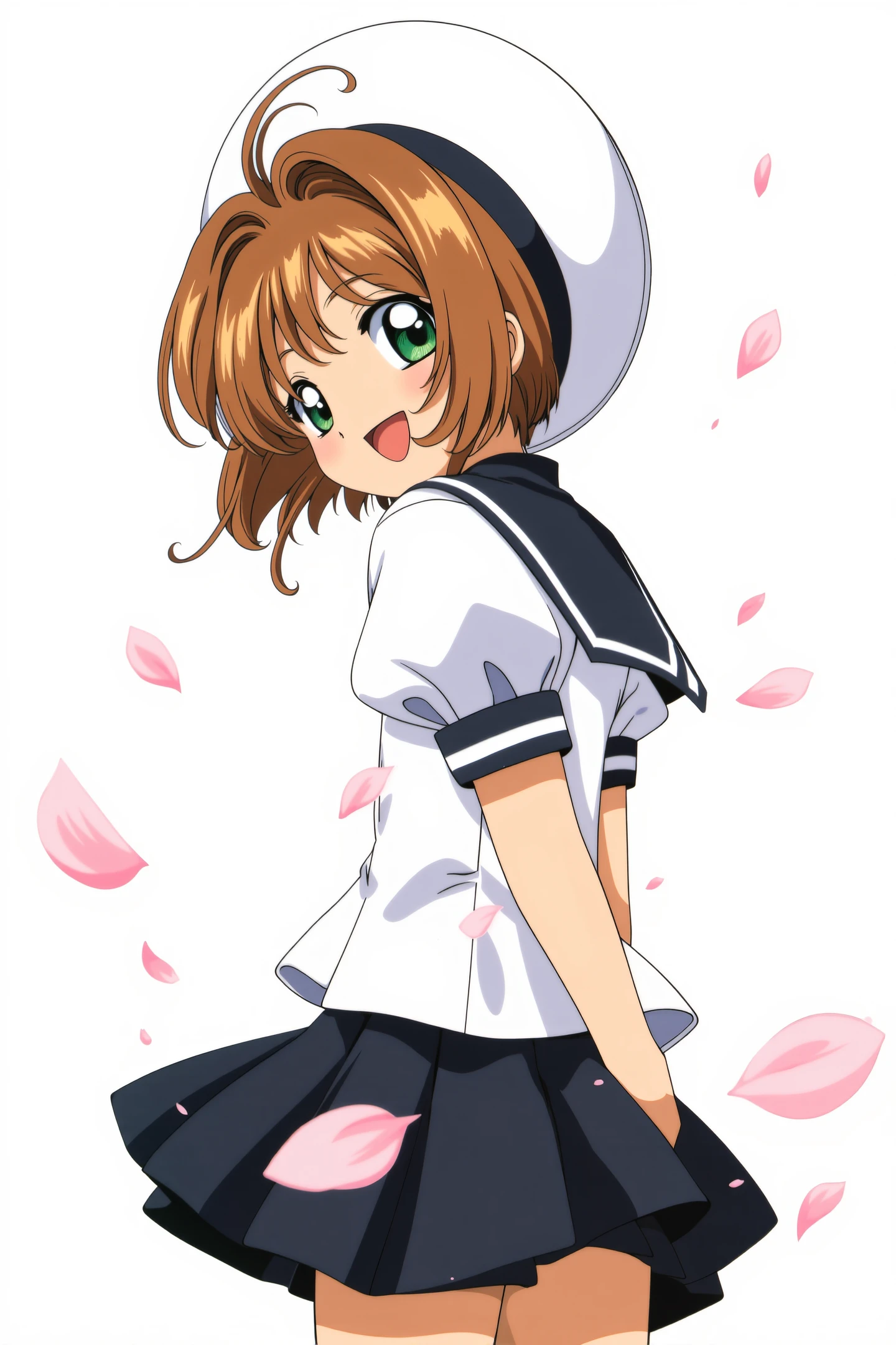 1girl, kinomoto sakura, solo,tomoeda elementary school uniform, green eyes, brown hair, skirt, school uniform, open mouth, hat, short sleeves, short hair, looking at viewer, smile, petals, puffy sleeves, black skirt, puffy short sleeves, antenna hair, white headwear, looking back, cherry blossoms, sailor collar, :d, white shirt, shirt, bangs, arms behind back,
<lora:Card Captor Sakura Anime_FLUX:1>