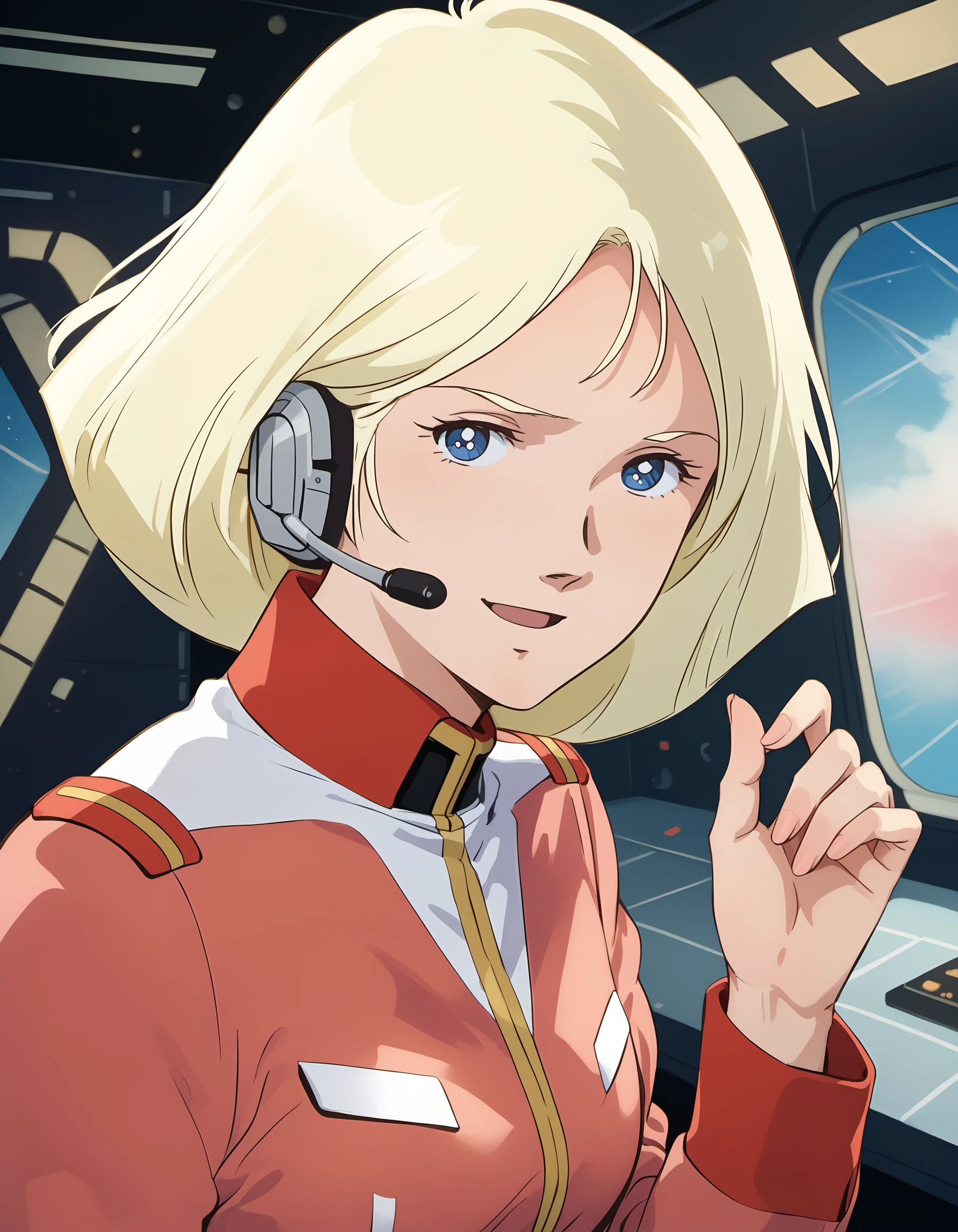 (score_9:0.0), score_8_up, score_7_up, source_photo, hd, highres, photography, Realistic
BREAK
1girl, solo,
red military jacket, long sleeves, military uniform,
adjusting grey headset, hand up,
looking at viewer, kindly smile, parted lips,
upper body,
seat, radio, science fiction, spacecraft interior, battleship bridge,
<lora:XL_DK_sayla20240925b_pony_Prodigy:1> dk_sayla, 1980s \(style\), parody,