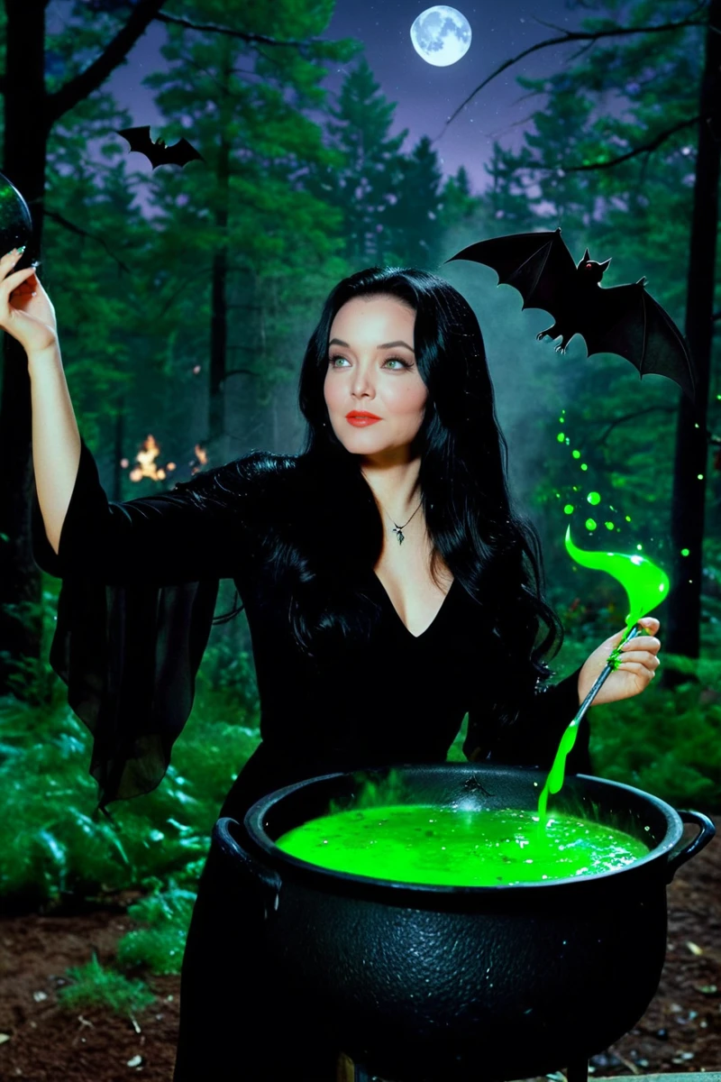 hires digital photo, photorealism, simple background, from side, low angle, c4r0ylnj0ne3 solo, upper body, staring into a cauldron, boiling green liquid, looking down, looking away, long black hair, black dress, outdoors, night, dark forest, trees, flying bats, moon, stars <lora:c4r0ylnj0ne3XL:1>, intricate details, high resolution,