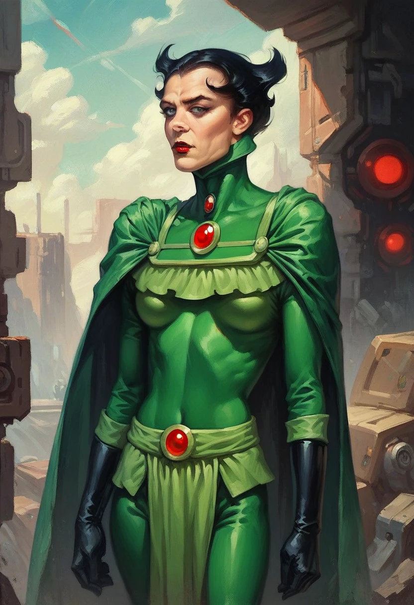 score_9_up, score_8_up, score_7_up, score_6_up, score_5_up, 1girl, solo, bernadeth, short black hair, spiked hair, green cape, green bodysuit, red lipstick, sneer, standing proudly, science-fiction landscape,  , (realistic), (painted art)