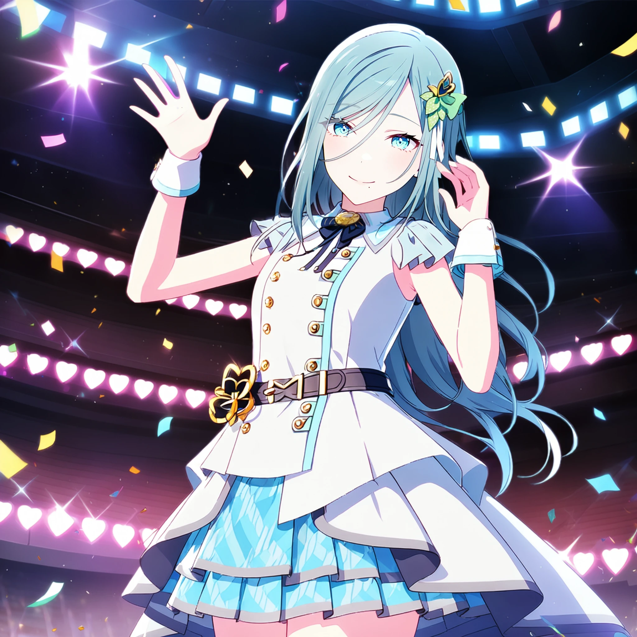 1girl, hinomori shizuku, project sekai, masterpiece, very aesthetic, absurdres, official art,
brandnew shizuku, aqua very long hair, (aqua small eyes:1.2),  eye visible through hair, swept bangs, (mole under mouth:1.2), 
(looking at viewer:1.4), waving, , hand up, smiling, closed mouth, cowboy shot, 
idol stage, stage light, neon light, confetti-flurry, psyllium, auditorium is filled with spectator, 
<lora:sdxl-mmj-BNShizuku03:0.9:lbw=0,0,0.2,0.2,0,0.4,0.4,0,0.8,0.8,0,0,0,0.8,0.8,0.6,0.8,0.0,0.0,0.0,0,0,0,0,0,0>