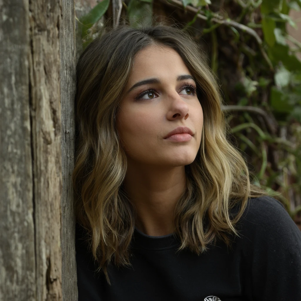 A portrait of naomi_scott with long, wavy blonde hair, captured in a side profile. She leans against a weathered wooden fence, with vines and leaves in the background. The woman's gaze is directed upwards, and she has a contemplative expression. She wears a dark-colored top with a small white logo on the left side. The background is out of focus, emphasizing the subject and the fence. The color palette consists primarily of earthy tones, with the blonde hair contrasting the muted greens and browns of the fence and the woman's clothing.