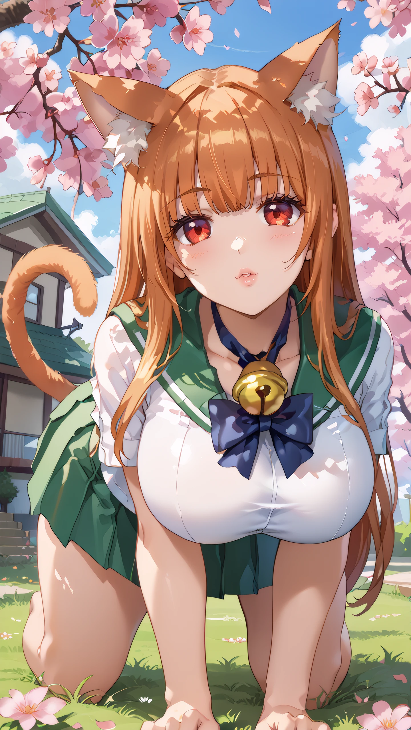 score_9, score_8_up, score_7_up, 1girl, looking at viewer, cowboy shot, close-up, 
<lora:ErisWs_Dwnsty:0.9>, eris_ws_cpc, orange hair, long hair, red eyes, animal ears, animal ear fluff, cat ears, cat tail, jingle bell, neck bell, hotd_school_uniform, school uniform, serafuku, green skirt, pleated skirt, black bowtie, <lora:HOTD_Uniform_Dwnsty-000008:0.6>,
mature female, huge breasts, skindentation, lips, all fours, paw pose, 
outdoors, school yard, falling petals, cherry blossoms, grass,