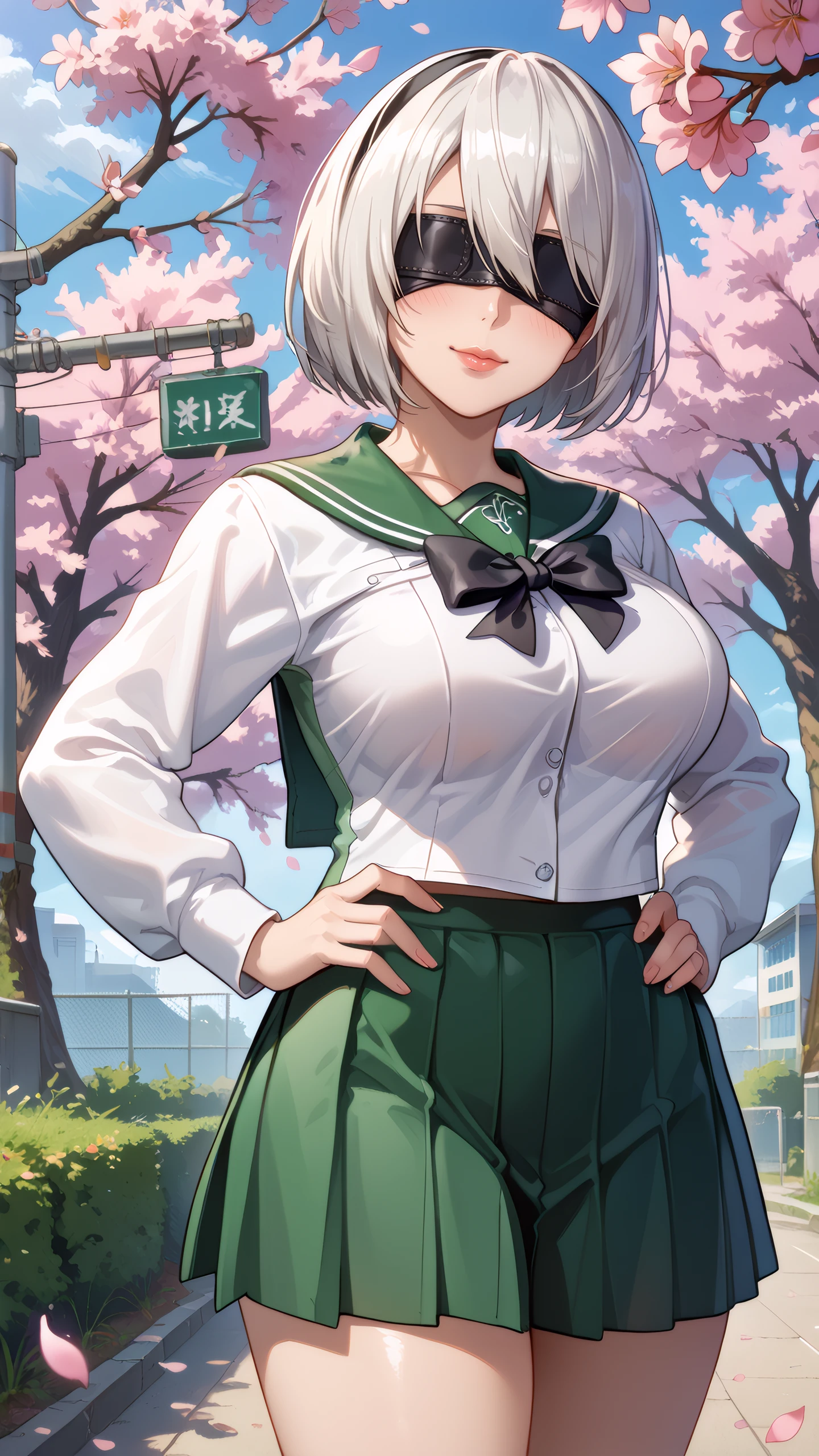 score_9, score_8_up, score_7_up, 1girl, looking at viewer, cowboy shot,
2b \(nier:automata\), bob cut, black blindfold, white hair, hotd_school_uniform, school uniform, serafuku, green skirt, pleated skirt, black bowtie, <lora:HOTD_Uniform_Dwnsty-000008:0.6>,
mature female, large breasts, skindentation, lips, light smile, blush, hands on own hips,
outdoors, school yard, falling petals, cherry blossoms,