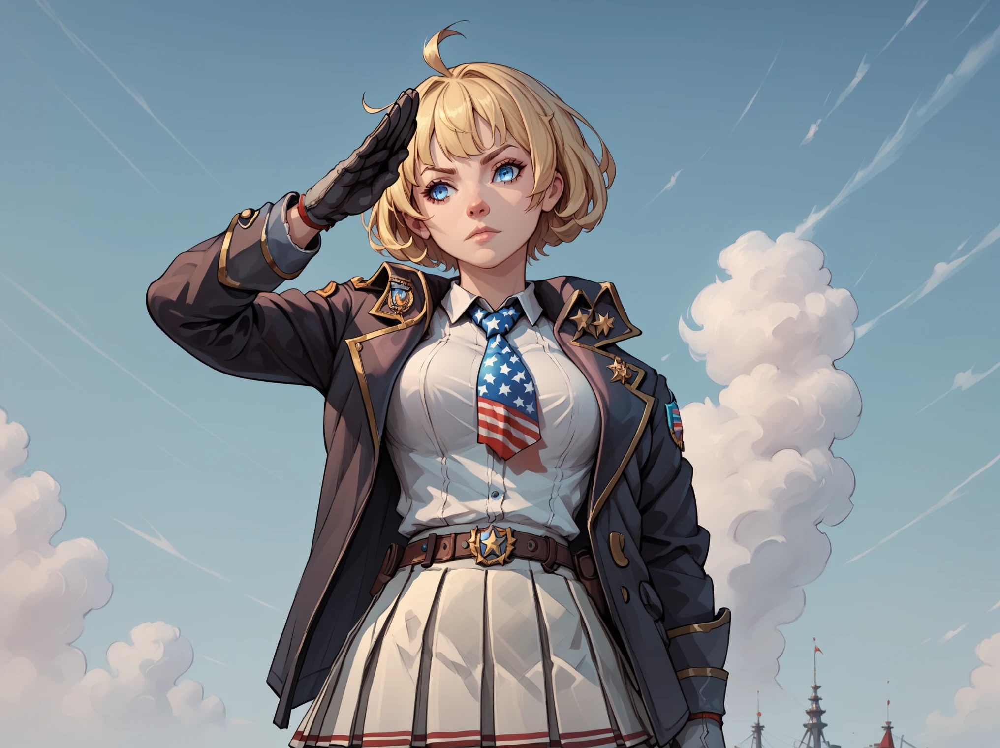 <lora:M1911_Girls_Frontline  (PONY):1> m1911, american flag tie, blue eyes, blonde hair, short hair, bangs, gloves, jacket, shirt, ahoge, salute, american flag pattern in background,pleated skirt, looking to the side, feet together, solo. character portrait, standing, score_9, score_8_up, score_7_up, masterpiece, high quality, 8K, <lora:detailed_notrigger:1>