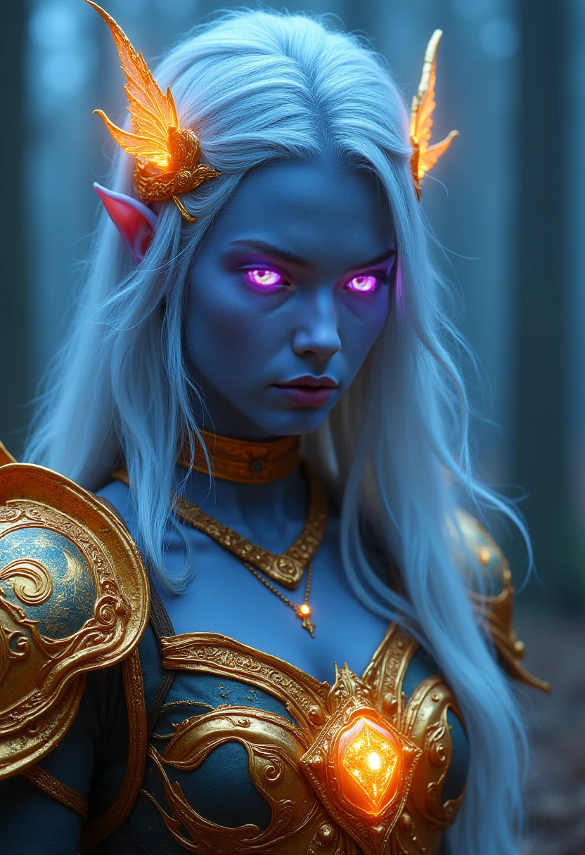 Portrait of a fierce elf warrior with glowing golden armor, ethereal blue skin, flowing silver hair, and piercing violet eyes. Set against a twilight forest background, the scene is illuminated by soft, mystical light filtering through the trees. The elf's armor is intricately designed with magical runes, slightly worn from battle, but still radiating power. Face close-up with ultra face details, capturing the intense gaze and elegance of the warrior. Highly detailed, 8k resolution, fantasy realism, mystical atmosphere, dramatic lighting, enchanted environment  dquarkeen <lora:FLUX_DQuarkeen_LoRA-000003:1>