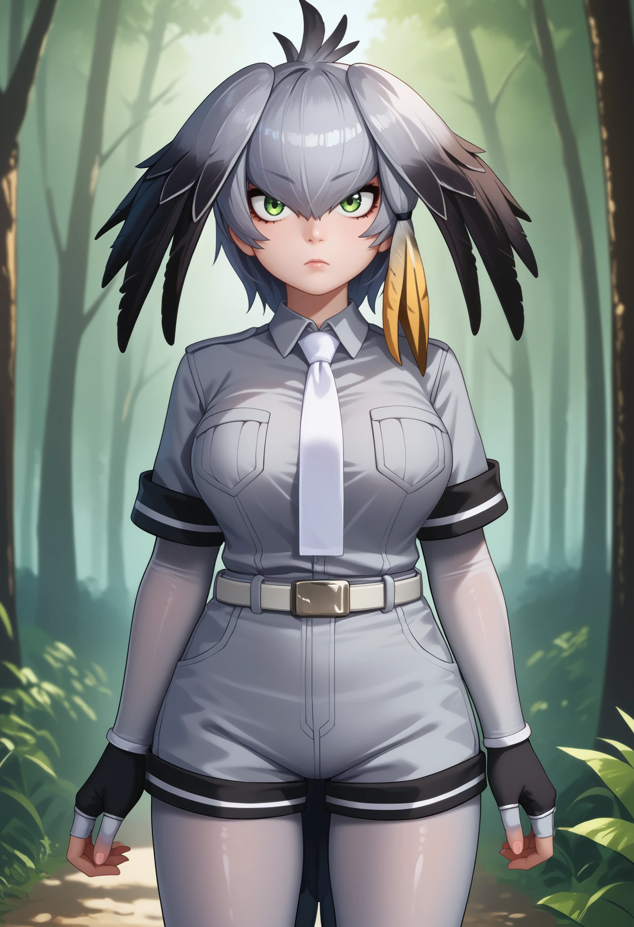 score_9, score_8_up, score_7_up, source_anime, <break> solo, 1girl, sh0ebill, bird wings, bird tail, expressionless, looking at you, standing, head wings, green eyes, grey shirt, collared shirt, wing collar, white necktie, breast pocket, layered sleeves, short over long sleeves, black gloves, fingerless gloves, bodystocking, grey shorts, belt, grey pantyhose, large breasts, outdoors, forest
<segment:yolo-face_yolov8m.pt,0.4,0.5//cid=1>