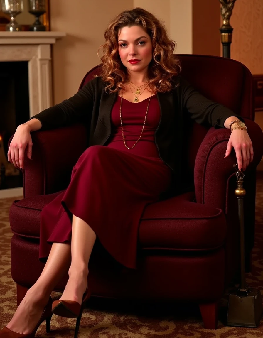 <lora:Glory_Flux:1> This is an image of a woman, Her eyes are a striking shade of green, subtle makeup, long curly hair with few loose strands framing her face. Wearing a maroon dress, cardigan gold necklaces and high heels. Sitting on a large chair in an hotel lobby. holding fireplace poker. Full body shot