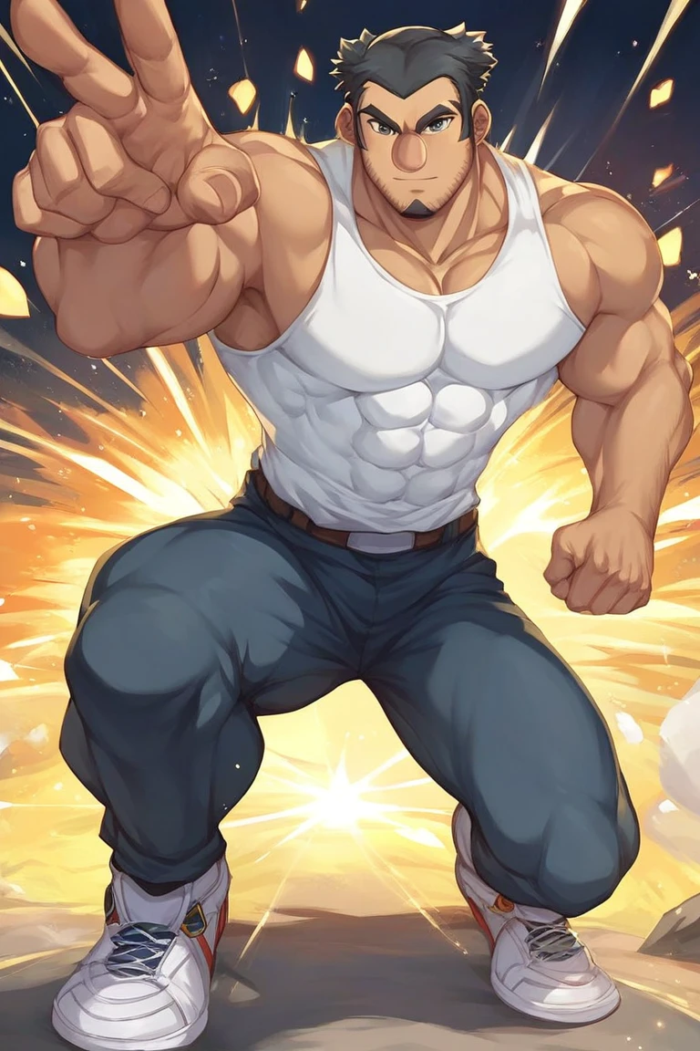 score_9, score_8_up, score_7_up, anime origin, male man, mr. huffington, Black hair, physically fit, tank top, pants, shoes, fighting pose, energy sphere, full body, looking at viewer, front view