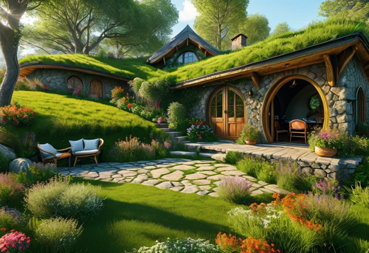 in front hangs a single-story house built of stone, covered and merged with nature, the roof reaches the ground and is completely covered with grass and green grass, the hobbit-type house, a large veranda in front of a table and chairs made of wooden branches, a lounger type, a large barbecue, round windows, a stone chimney, a spacious room inside, at least three rooms, an indoor toilet and a bathroom, a separate wide kitchen merged with the living room, nestled in the forest in front of it runs a river, a meadow with colorful flowers, realistic style, photorealism, a sense of harmony and tranquility ,relaxation,