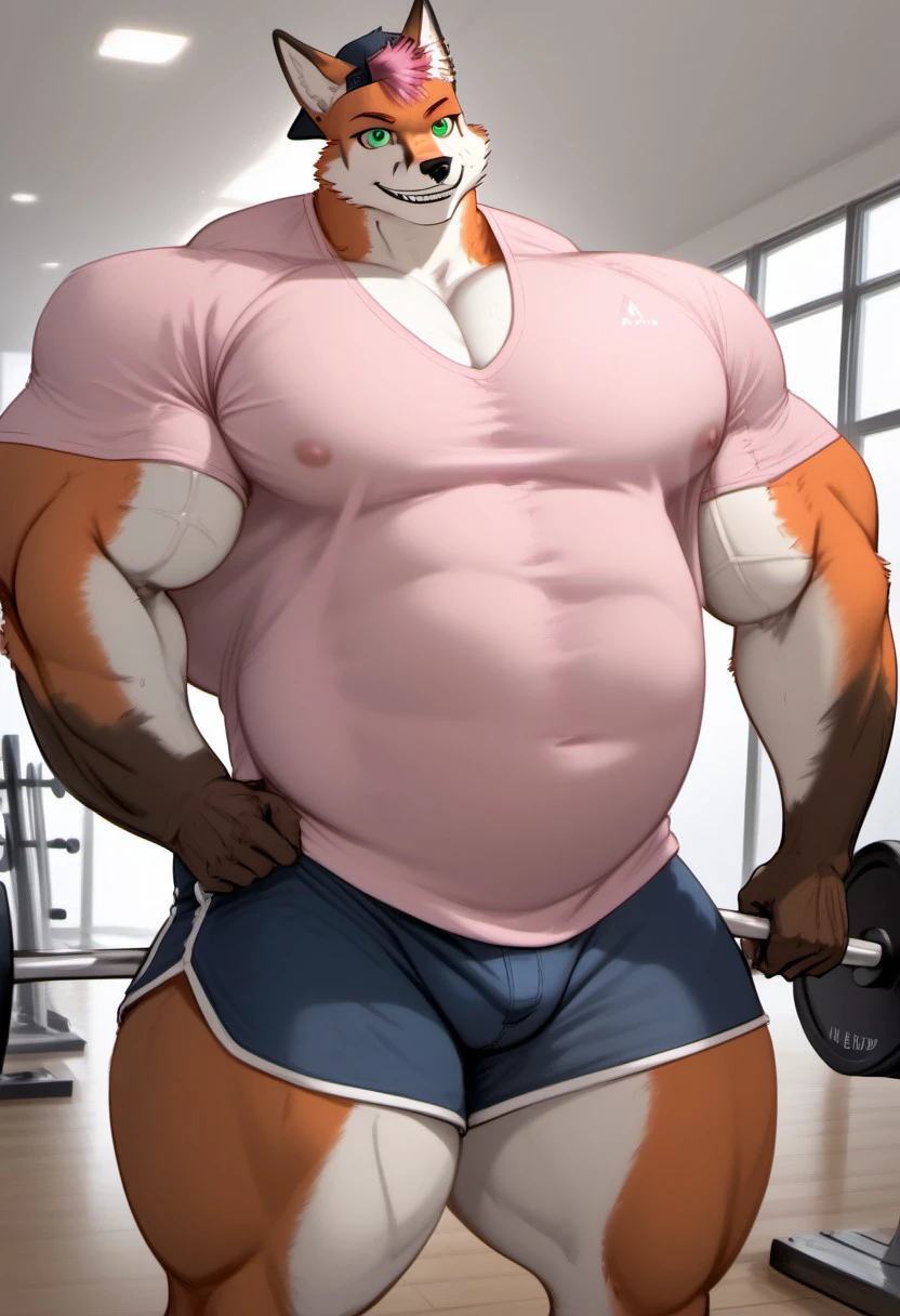 A hulking calico cat wearing black shorts while lifting weights at the gym with his big dick out leaking cum