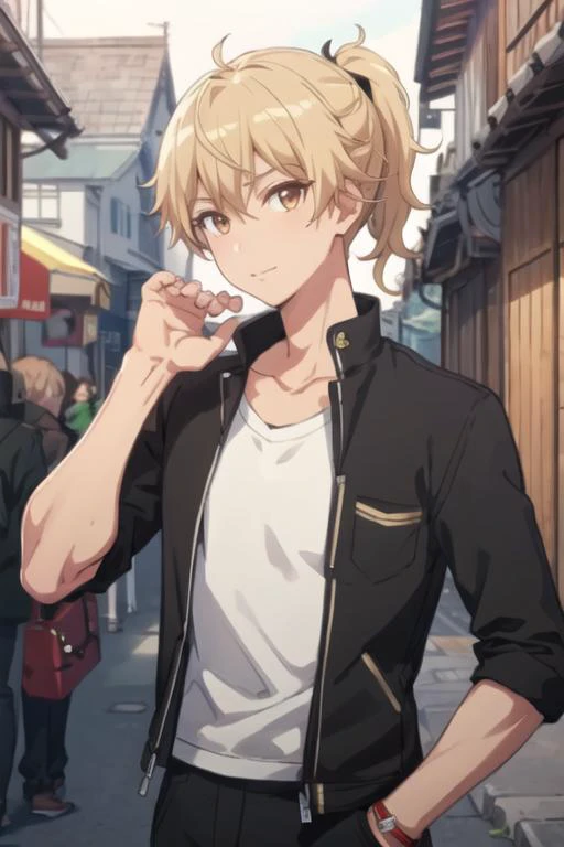 masterpiece, best quality, high quality, 1boy, solo, male focus, looking at viewer, upper body, <lora:ashura_kokuhou:0.56>, ashura_kokuhou, brown eyes, blonde hair, ponytail, , gakuran