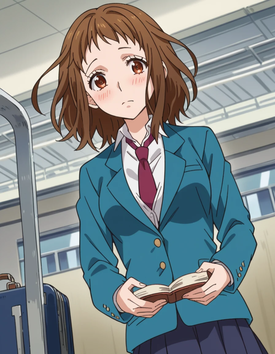 score_9, score_8_up, score_7_up, source_anime, <lora:miou-aida-movie-ponyxl-lora-nochekaiser:1>, miou aida, short hair, brown hair, brown eyes, medium breasts, skirt, school uniform, jacket, pleated skirt, necktie, blazer, blue blazer, shirt, white shirt, collared shirt, red necktie, blue skirt,, airport, waiting area, suitcase, flight delayed, passengers, reading book, , looking at viewer, hands on stomach, blush,, solo,, cowboy shot, dutch angle,