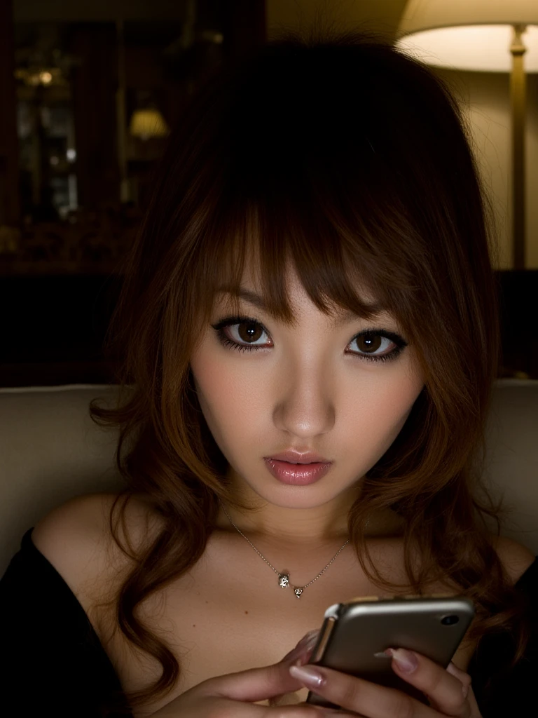 tsubasa,
In a dimly lit, vintage Parisian café at twilight, the enigmatic , with her cascading brown locks framing a captivating close-up of her expressive brown eyes and full lips, gazes introspectively at a screen displaying a cryptic message on her cellphone. The soft glow from the café's lamplight illuminates her delicate features, casting an air of mystery and intrigue, as she sits alone in the secluded corner booth, lost in thought.