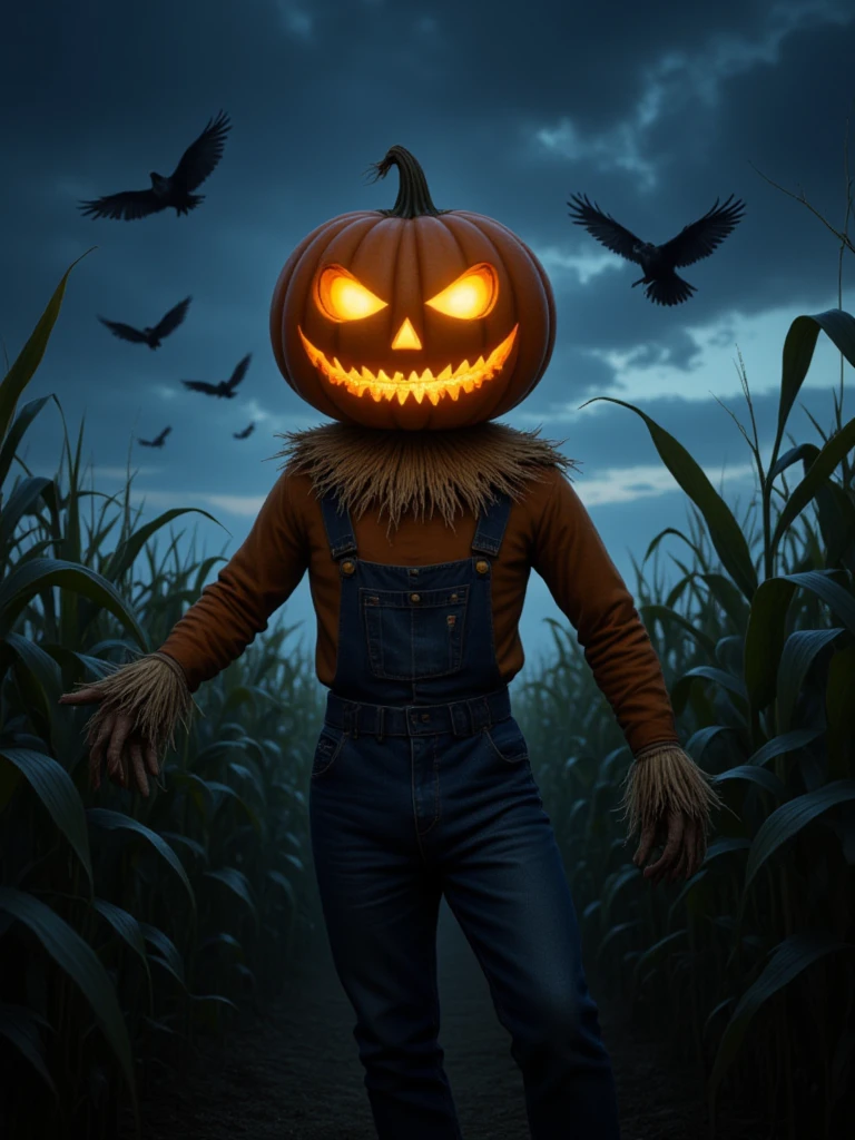 A scarecrow with a pumpkin head and glowing eyes, standing in the middle of a cornfield. The night sky is filled with crows and bats flying around, while the scarecrow's stitched grin gives off an unsettling vibe.
