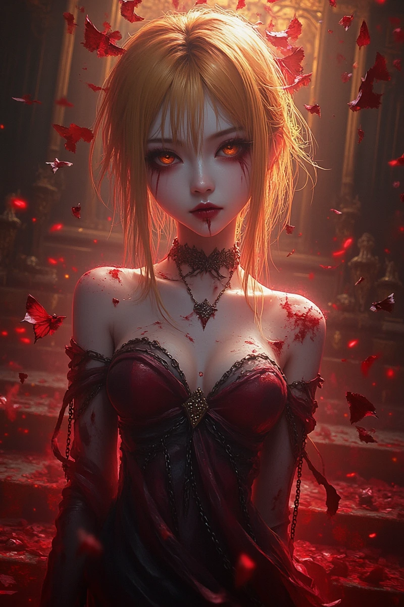 ahx,smoke style silhouette,animation,wallpaper,highest resolution,highest picture quality,ultra-fine section,good composition,32k,red blood sputtering art,1 girl,vampire,short golden hair,slanting bangs,golden pupil,delicate and beautiful pale face,exposed shoulder,plump chest,wiping blood from corners of the mouth,revealing vampire teeth,sexy European aristocratic clothing,