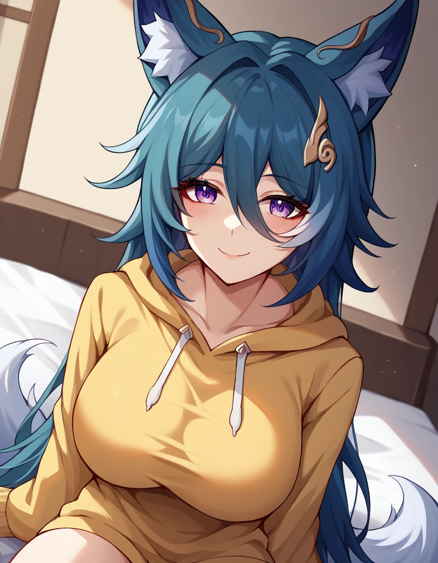 score_9, score_8_up, score_7_up, source_anime, <lora:hsr-yukong-ponyxl-lora-nochekaiser:1>, yukong, yukong (honkai: star rail), animal ear fluff, animal ears, blue hair, fox ears, fox tail, hair between eyes, large breasts, longhair, purple eyes, very long hair, tail, hair ornament,, <lora:pikachu-cosplay-ponyxl-lora-nochekaiser:1>, pikachucosplay, pikachu (pikachu), character print, hood, hoodie, yellow hoodie,, bed, bed room, smile, blush, wariza, sitting, , cowboy shot, dutch angle,