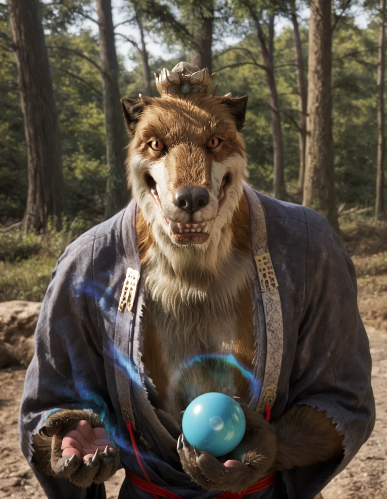 xudog, dog, anthro, solo, male, grey robe, red string accessory, lotus hair bun, half-length portrait, holding energy ball, blue aura, offering to viewer, foreshortening, smile, fangs, red eyes, slit pupils, tree, forest, detailed background, sunlight, <lora:BlackMythXuDog_1.0.4:1>