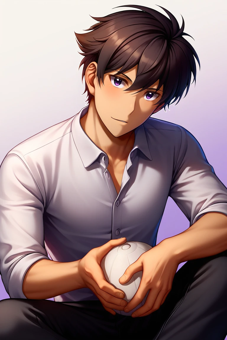 zPDXL2,<lora:Akira_Nishina:1>,akira nishina,1boy,male focus,shirt,solo,white t-shirt,holding,collared shirt,head tilt,pants,looking at viewer,black pants,parted lips,dress shirt,sitting,holding ball,baseball,baseball \(object\),simple background,gradient background,white background,shadow,ball,upper body,purple background,