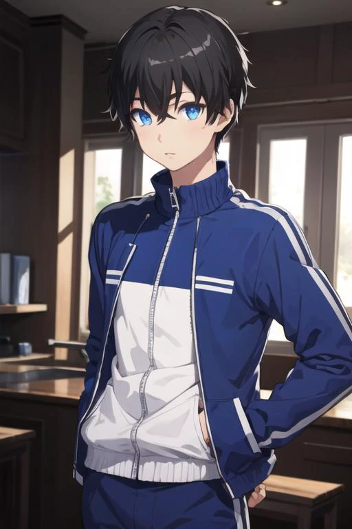masterpiece, best quality, high quality, 1boy, solo, male focus, looking at viewer, upper body, <lora:youta_narukami:0.60>, youta_narukami, blue eyes, black hair, hair between eyes, realistic, track suit