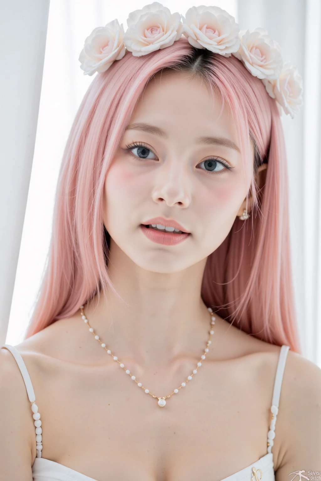 a high-resolution, softly lit photograph featuring a young Asian woman with a delicate, ethereal appearance. She has long, wavy hair in a soft pink hue, styled with bangs that frame her face. Her skin is a smooth, pale complexion, and her eyes are a striking feature, with a subtle, shimmery effect that catches the light. Her lips are painted a soft, muted pink, and she wears a delicate, beaded necklace around her neck. The background is a soft, creamy white, which helps to emphasize the subject's delicate features and the soft pastel colors of her hair and accessories. The image is rich in texture and detail, with a focus on the subject's serene and dreamy expression. The overall aesthetic is whimsical and romantic, evoking a sense of innocence and vulnerability. The photograph's soft focus and pastel colors create a dreamy, ethereal atmosphere, perfect for a fantasy or fairy tale-inspired setting. The subject's delicate features and accessories, such as the floral headpiece, add to the enchanting and otherworldly quality of the image. The style is reminiscent of high-fashion photography, with a focus on delicate, feminine beauty.  <lora:Tissue_Tzuyu_Flux_v1.1-LowRep:1>