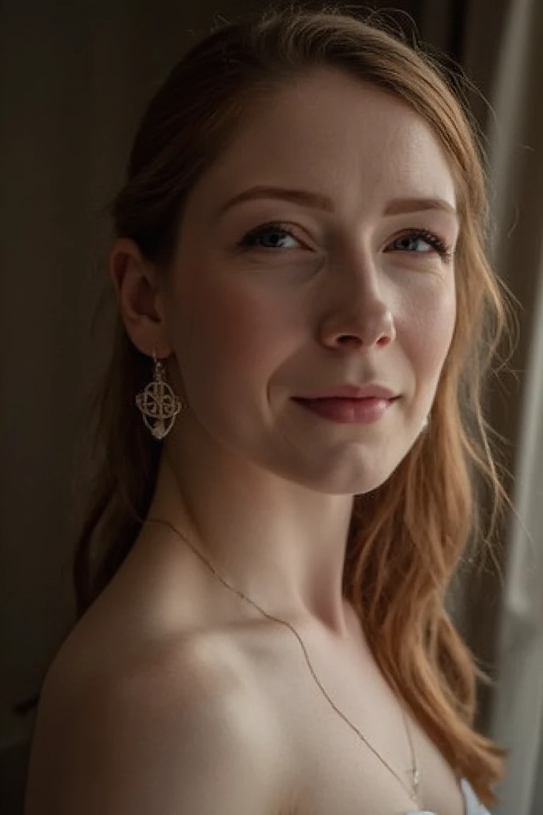 A close-up shot of a nude Irish girl with fair skin and red hair, standing in a dimly lit room with soft natural light filtering through a window. She has a serene expression, her hair cascading over her shoulders, and she is holding a delicate Celtic knot pendant in her hand. The composition highlights her natural beauty, with the focus on her face and upper body, creating a sense of intimacy and vulnerability.