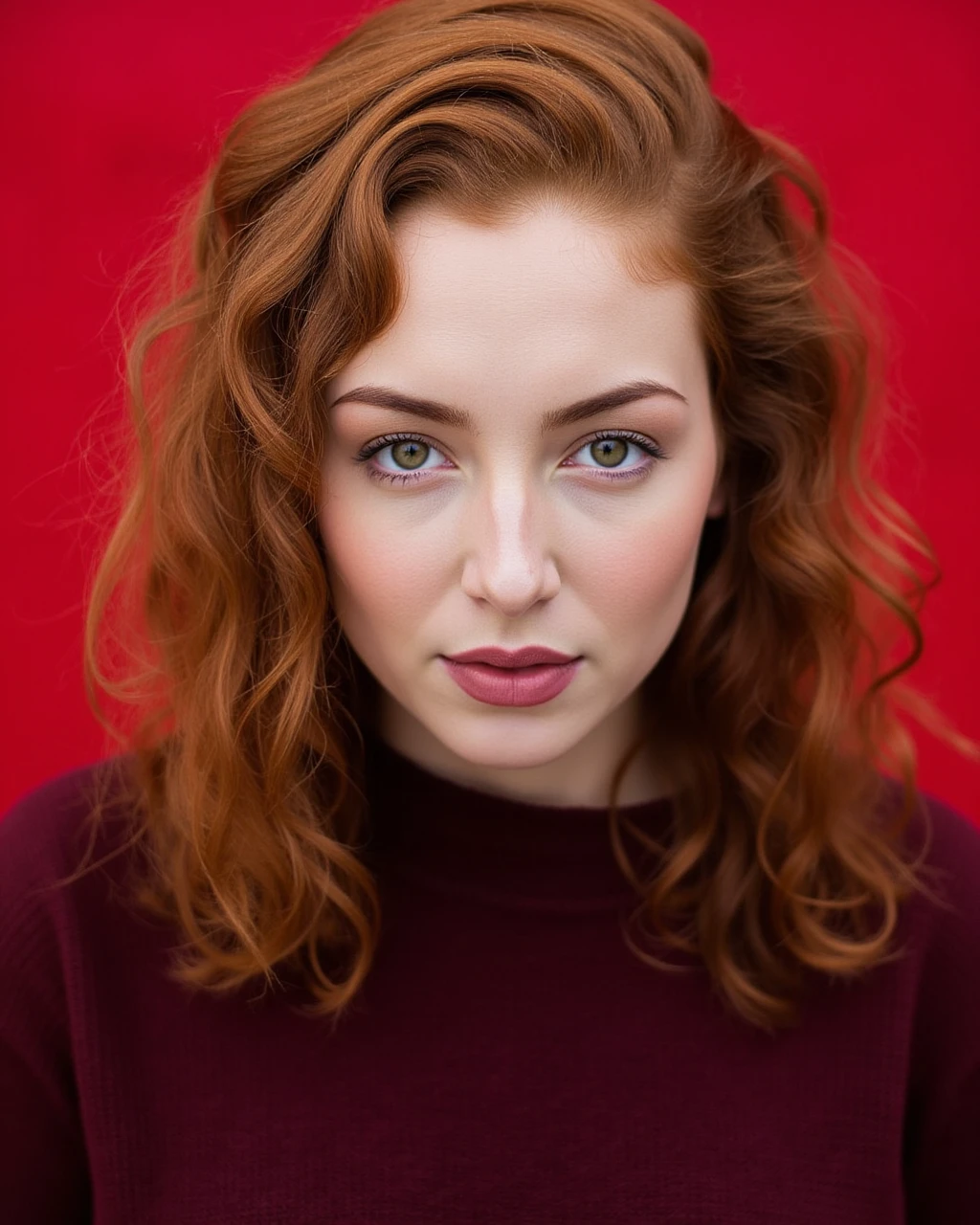 gorgeous woman close up portrait photo,curly red hair, wearing a dark red sweater ChinFixer-2000 style , outside photo, flat red background<lora:Flux\chinfixer-2000.safetensors:1.0:1.0>