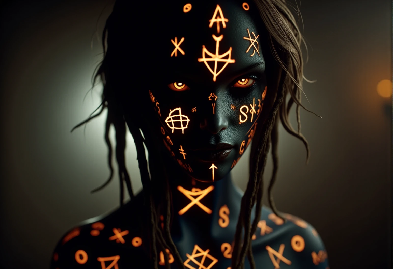 bv-demskirun. A close-up of a possessed human, her burning symbols across her cheeks, her eyes glowing intensely in orange, lit by a soft, eerie glow, captured at an angle to create a dramatic effect. , <lora:bv-demonic-skin-runes.safetensors:1.0:1.0>