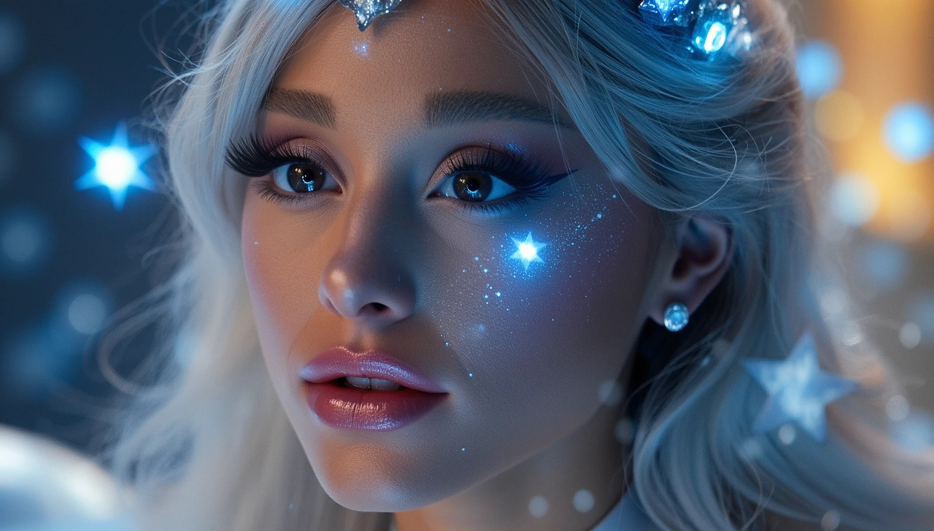 Star princess Ariana Grande closeup, her face softly illuminated by floating star crystals, each one glowing with a radiant blue hue. Her elegant features shimmer with celestial light, silver hair cascading around her shoulders. A crown of glowing stars rests on her brow, her eyes sparkling like twin galaxies. The crystals orbit around her, leaving trails of stardust, creating an enchanting, cosmic atmosphere.