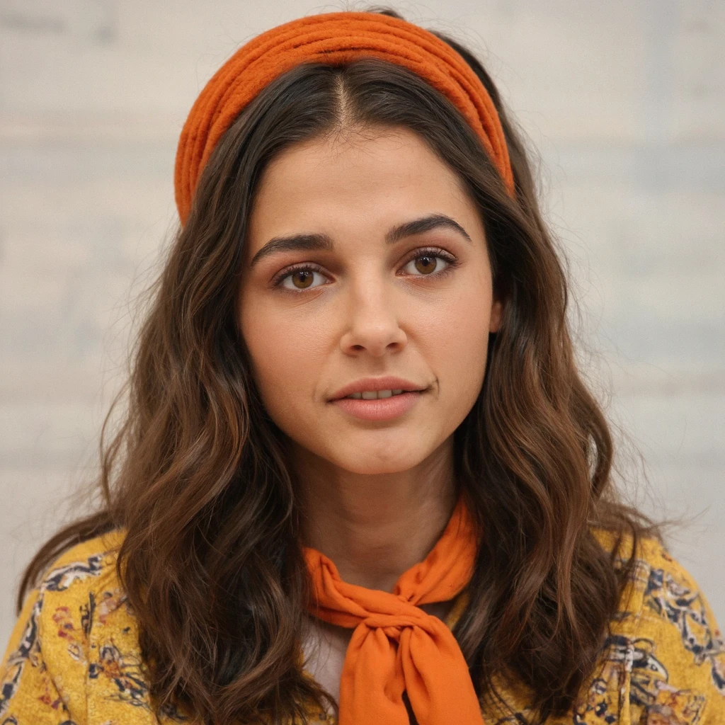 A close-up portrait of naomi_scott, captured in a vintage style. She wears a bright orange headband and a vibrant orange scarf tied around her neck. Her long, wavy brown hair falls to her shoulders, and she wears a yellow blouse with a patterned design. The woman's gaze is directly at the camera, and her expression is calm and serene. The background is a soft, muted white, contrasting with the subject's warm colors. The image's color palette is dominated by the bright orange of her headband, the yellow of her blouse, and the soft white of her background.