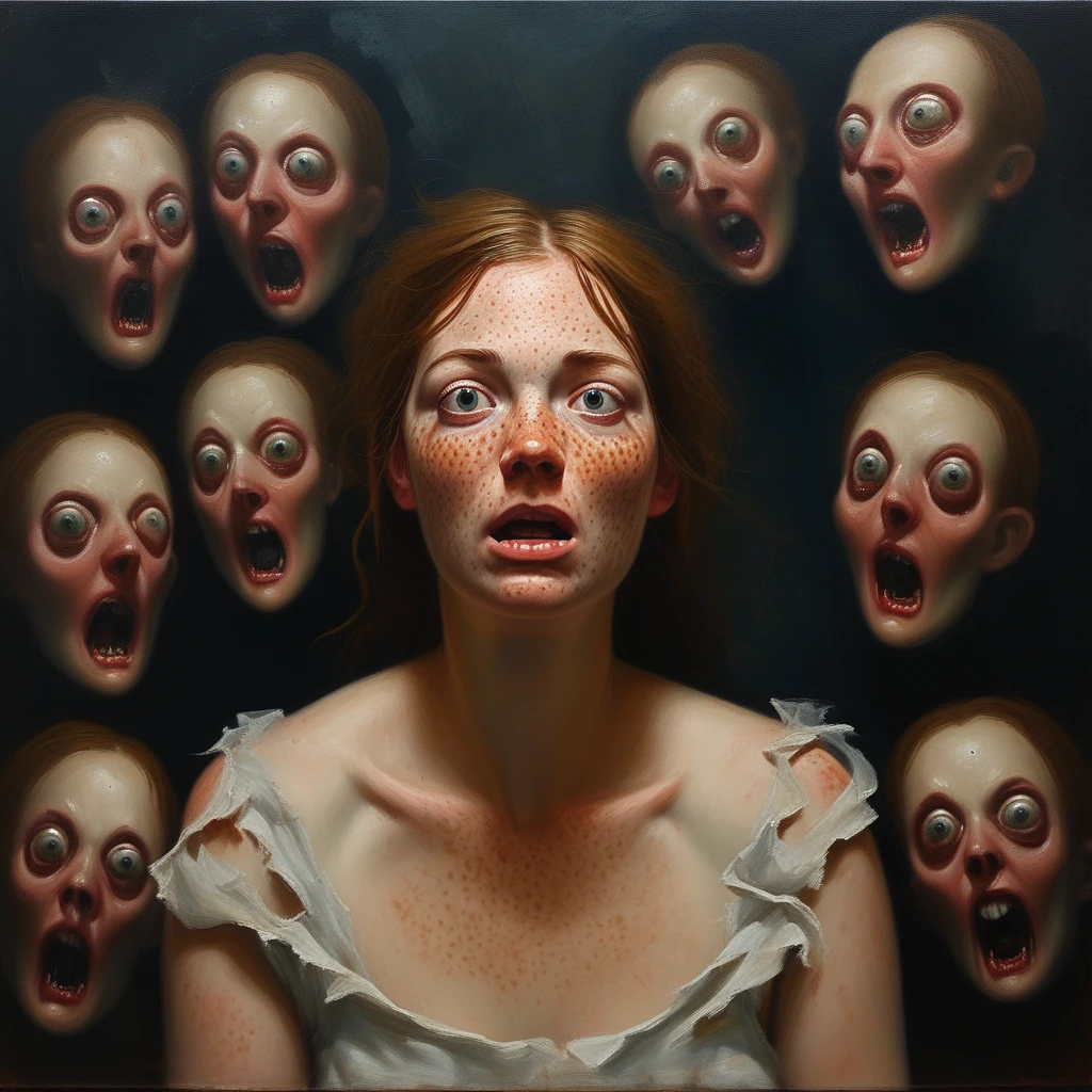 score_9, score_8_up, score_7_up oil painting of a freckled woman ,around her are seven creepy dreams ,shes looking panicked like a bad dream