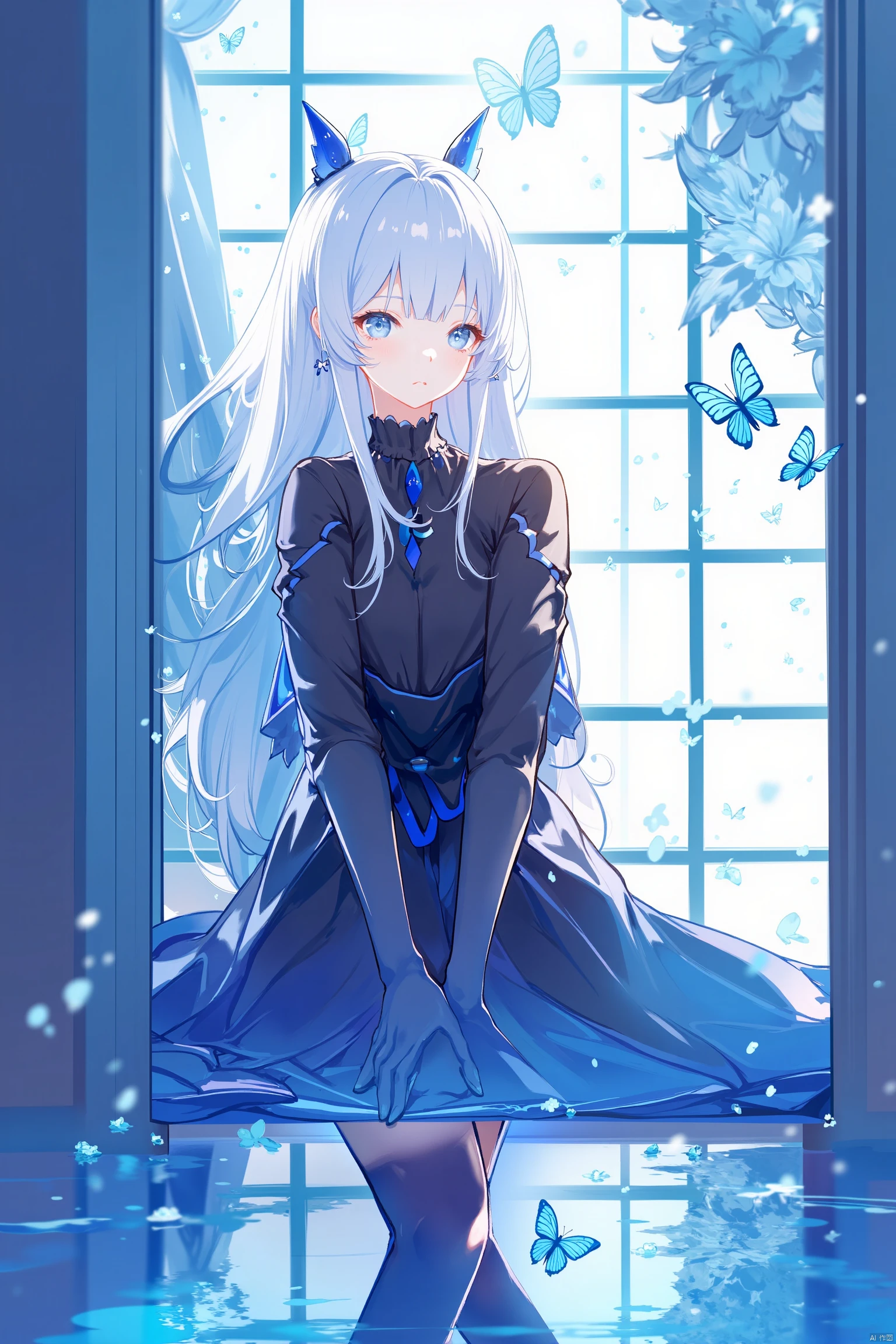 An animated image of a woman with long white hair and blue eyes. She is wearing a black dress with a blue ribbon tied around her waist. The woman is standing in front of a window that has a blue butterfly on it. There is a reflection of the woman in the water on the floor below her. There are white and blue butterflies on the window behind her.