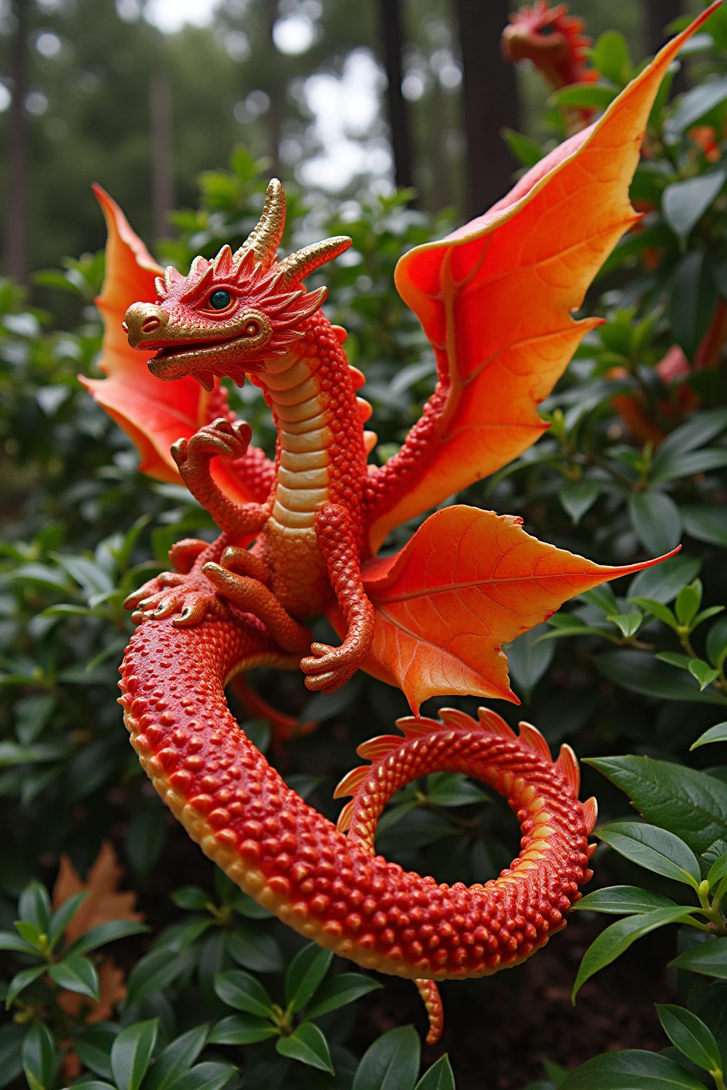 <lora:autumn_tree_leaf_flux-000002:1> in the garden several antique dragon covered on large autumn_tree_leaf, fire effect, water effect