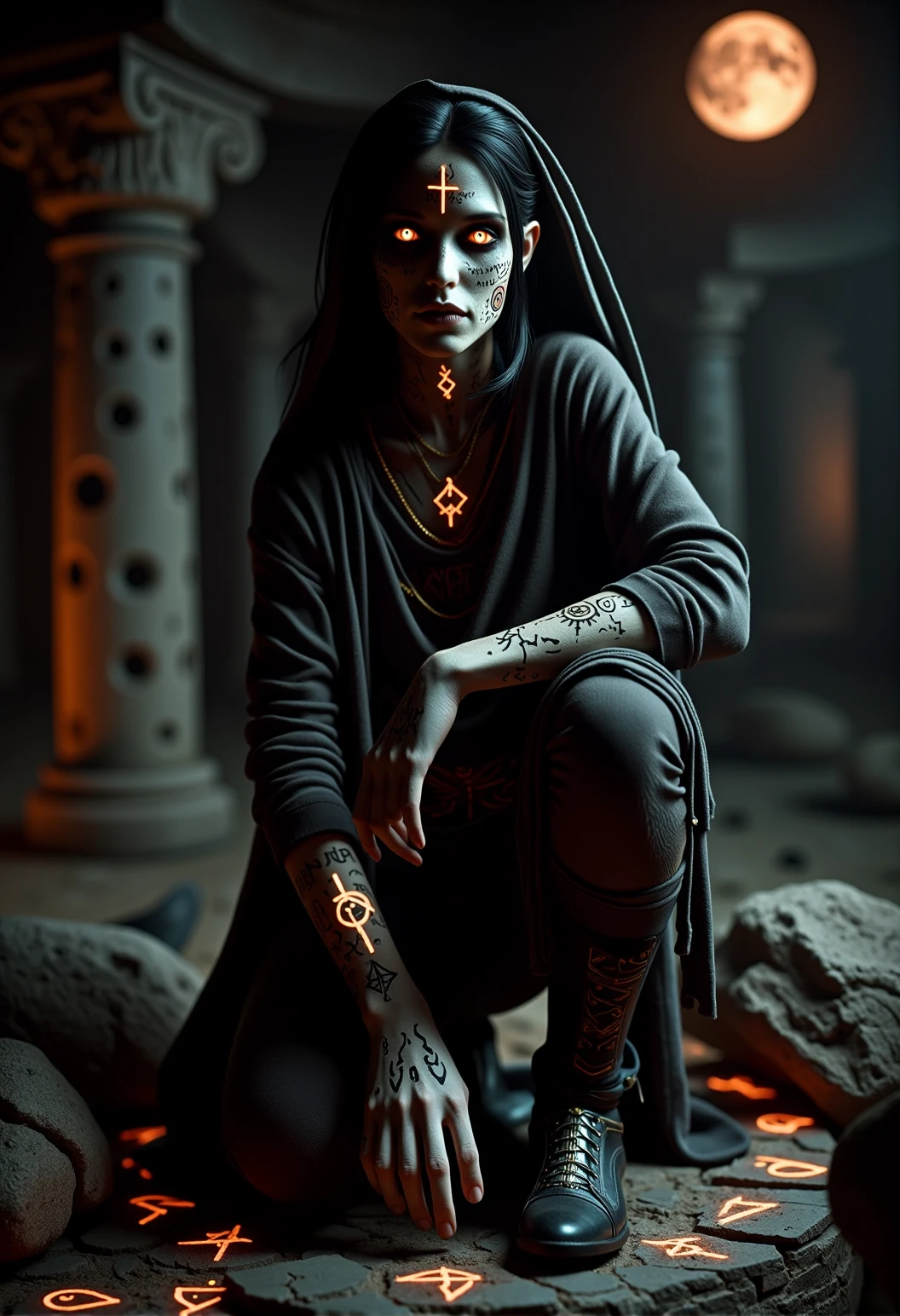 . A medium shot of a haunted banshee, seen from a slight low angle, emphasizing her commanding presence, leaning against a cracked pillar, her eyes glowing faintly, wearing a ritualistic cloak draped over her shoulders, with a tightly fitted vest beneath, her hands marked with old scars, glowing sigils etched into her skin, her skin showing an uneven texture, with visible pores and traces of dirt, in an ancient stone circle under a blood moon, surrounded by shattered rocks, surrounded by shadows creeping unnaturally along the ground, reaching for her feet, lit by glowing runes on the ground, casting a haunting glow upwards, <lora:bv-demonic-skin-runes.safetensors:0.7000000000000001:0.7000000000000001>