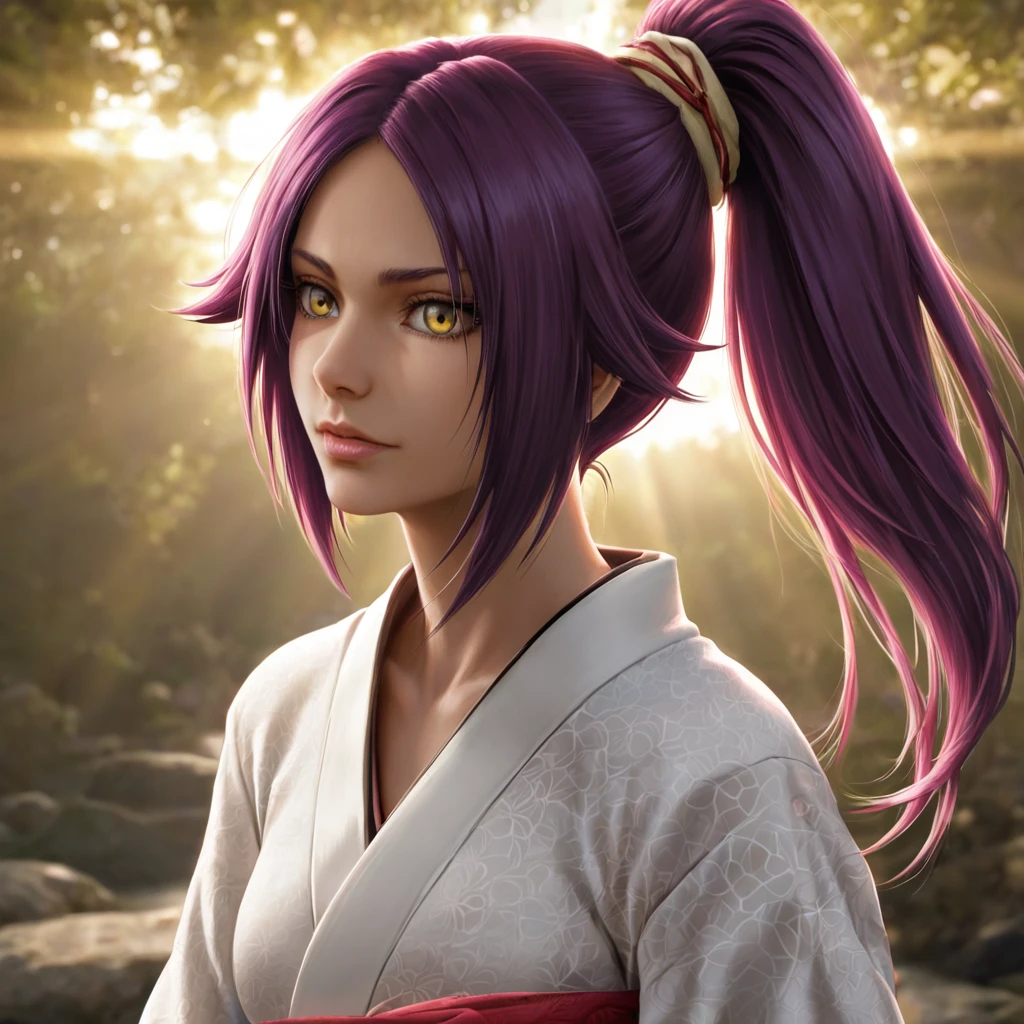 shihouin yoruichi,
detailed yellow eyes,purple hair,shoulder view,
realistic,high definition,detailed shadows,backlighting,dynamic lighting,beautiful artwork,highres,ray tracing,absurdres,close-up,wallpaper,outdoors,
kimono,
bleach,