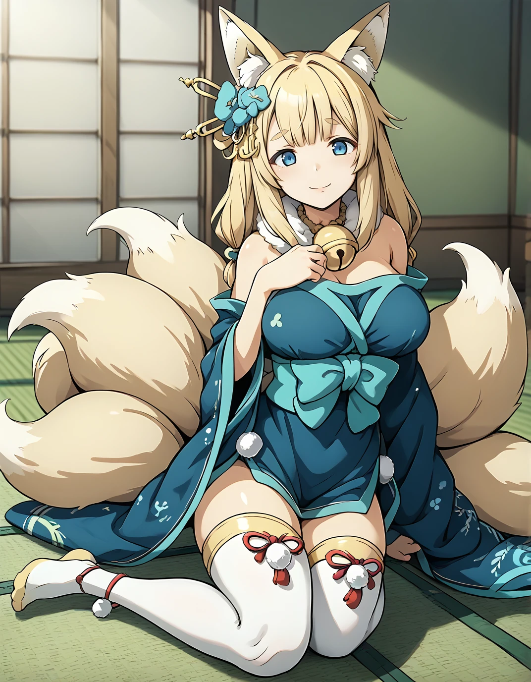 <lora:AzlaNiizuki_SDXL_pony_fp16_ver01:1>,AzlaNiizuki, 1girl, animal ears,bangs, blonde hair,  multiple tails, hair ornament, bell, blue eyes, kimono, fur collar,bare shoulders,thighhighs, light smile,tatami,, score_9, score_8_up, score_7_up, BREAK source_anime, rating_questionable, best quality, masterpiece, uncensored,<lora:pony_good_hands:1>,good_hands ,[pony diffusion V6 is trained by PurpleSmartAI:100]