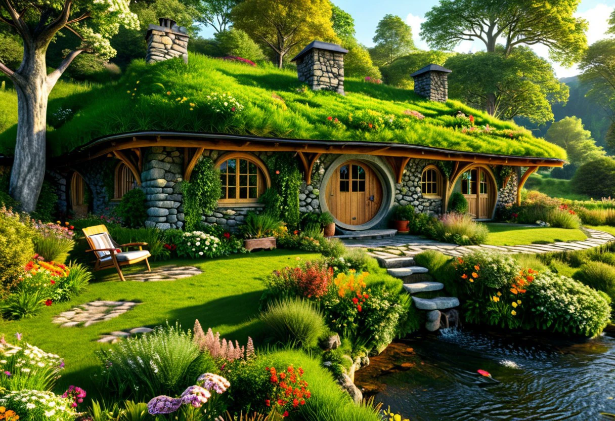 in front hangs a single-story house built of stone, covered and merged with nature, the roof reaches the ground and is completely covered with grass and green grass, the hobbit-type house, a large veranda in front of a table and chairs made of wooden branches, a lounger type, a large barbecue, round windows, a stone chimney, a spacious room inside, at least three rooms, an indoor toilet and a bathroom, a separate wide kitchen merged with the living room, nestled in the forest in front of it runs a river, a meadow with colorful flowers, realistic style, photorealism, a sense of harmony and tranquility ,relaxation,