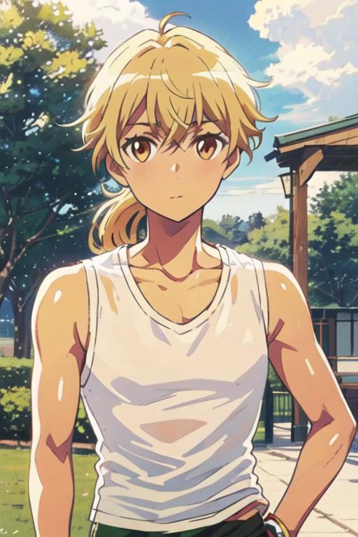 masterpiece, best quality, high quality, 1boy, solo, male focus, looking at viewer, upper body, <lora:ashura_kokuhou:0.64>, ashura_kokuhou, brown eyes, blonde hair, ponytail, , tank top