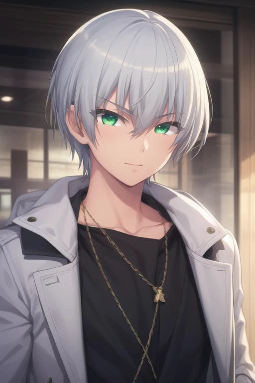 masterpiece, best quality, high quality, 1boy, solo, male focus, looking at viewer, upper body, <lora:hiroto_suzuki:0.62>, hiroto_suzuki, green eyes, white hair, realistic, coat