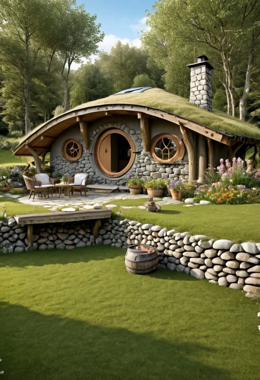 in front hangs a single-story house built of stone, covered and merged with nature, the roof reaches the ground and is completely covered with grass and green grass, the hobbit-type house, a large veranda in front of a table and chairs made of wooden branches, a lounger type, a large barbecue, round windows, a stone chimney, a spacious room inside, at least three rooms, an indoor toilet and a bathroom, a separate wide kitchen merged with the living room, nestled in the forest in front of it runs a river, a meadow with colorful flowers, realistic style, photorealism, a sense of harmony and tranquility ,relaxation,