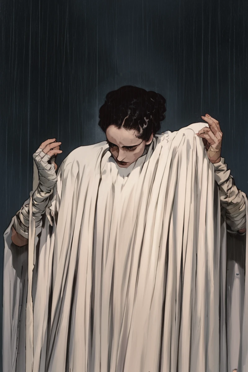 photo, from below, fr4nksbr1d3, standing, upper body arms stretched, arms open, looking down at viewer, white robe, stitches, bandaged arm, outdoors, rain, lightnings, dark, black background, solo, color, <lora:Bride_of_Frankenstein_PonyV3:1.0>, PonyXL_Scores, rating_safe