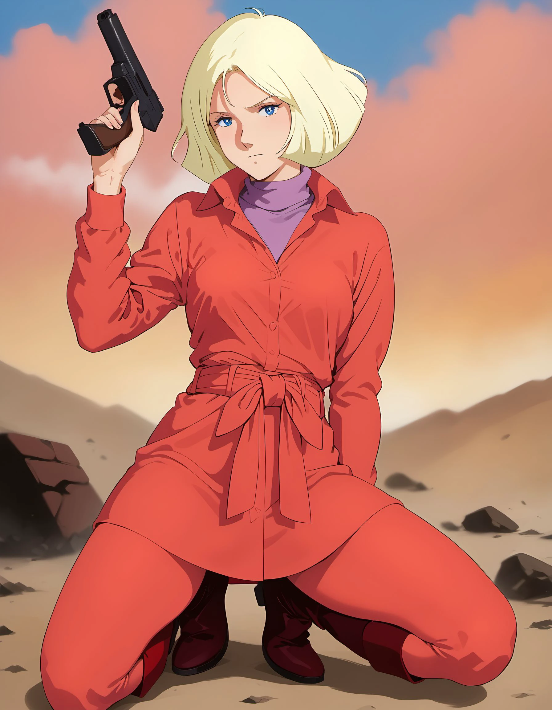 (score_9:0.0), score_8_up, score_7_up, source_photo, hd, highres, photography, Realistic
BREAK
1girl, solo,
red dress shirt, long sleeves, grayish-purple turtleneck, waist bow, red leggings, red knee boots,
serious, on one knee, hand on ground, leaning forward,
holding handgun,
battlefield, grasslands, blue sky, debris,
full body,
<lora:XL_DK_sayla20240923b_pony_Prodigy:1> dk_sayla, 1980s \(style\), parody